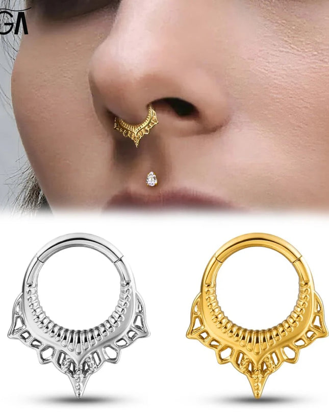 Giga 1PCS Vintage Stainless Steel Nose Rings Hinged Septum Earrings Cartilage Tragus Helix Hoops Body Piercing Jewelry