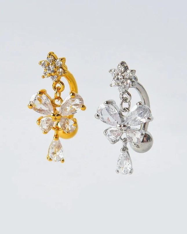Zircon Bow Belly Button Rings Flower Head Butterfly Design Dangle Belly Rings 316 Stainless Steel Cute Reversed Navel Rings