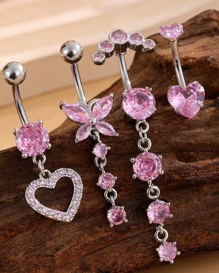 Stainless Steel Bow Belly Button Piercing Heart Shape Copper Belly Button Ring Pink Zircon Navel Piercing Jewelry Body Jewelry