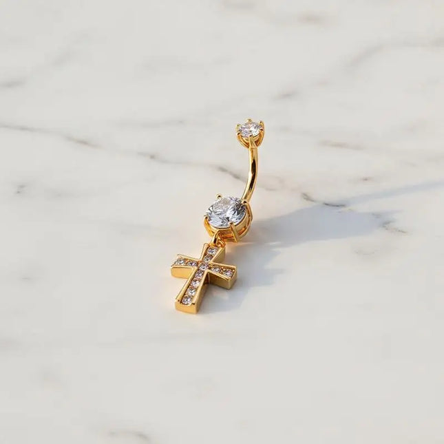 Cross Design Belly Button Ring Surgical Steel Navel Piercing Jewelry Waterproof for Daily Nightclub Wear