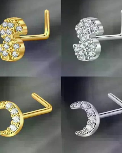 L Shaped Nose Studs Rings Cute Heart Moon Shiny Zircon Gold Silver Color Nose Piercing For Women Girl Nostril Jewelry