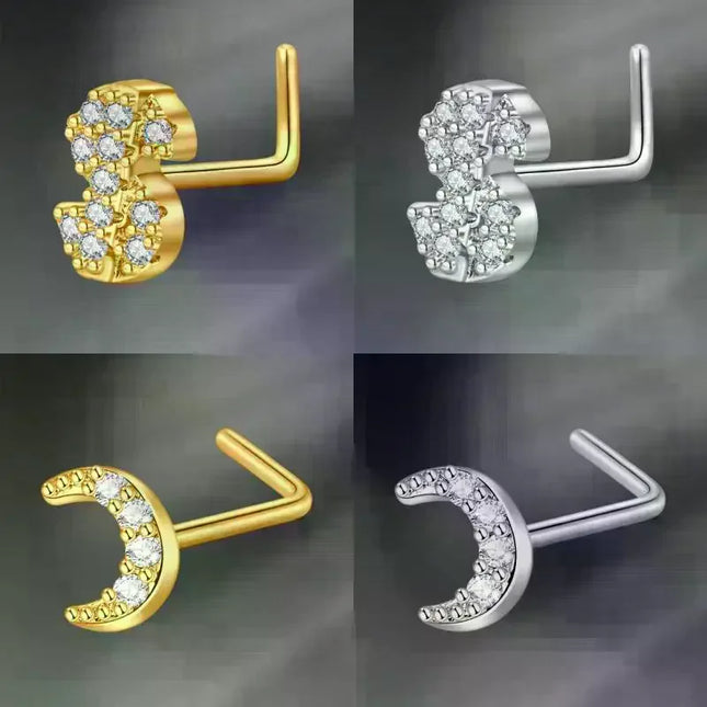 L Shaped Nose Studs Rings Cute Heart Moon Shiny Zircon Gold Silver Color Nose Piercing For Women Girl Nostril Jewelry