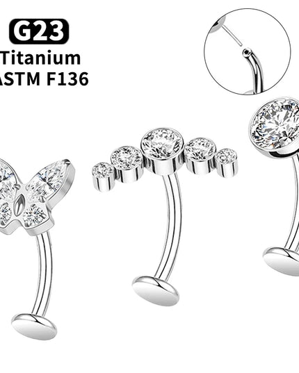 14G G23 Titanium Curved Belly Button Ring with White Zirconia Flat Implantable Navel Jewelry Elegant Pin-Type Piercing Accessory