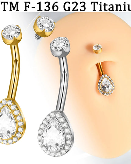 1PC Sexy Exquaisite Waterdrop Full Zirconia Paved Belly Button Ring 14G G23 Impalnt Titanium Internal Thread Navel Belly Ring