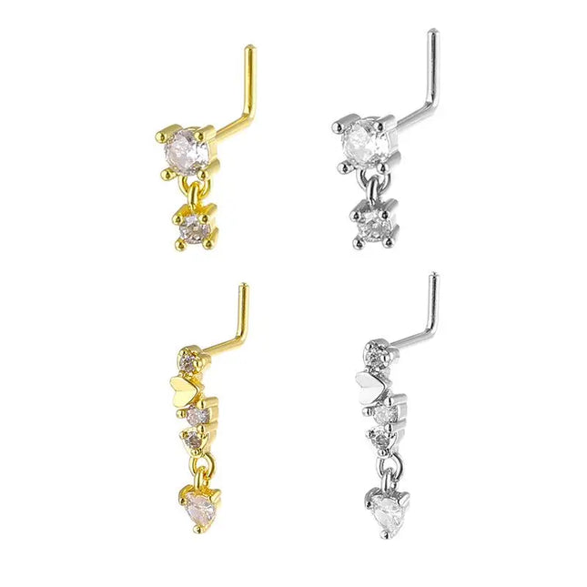 Stainless Steel Long Fashion Nose Rings For Women Copper With Heart Dangle L-Bend Nose Piercing Rings Body Jewelry