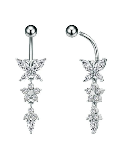 Unique Zircon Butterfly Belly Button Ring Elegant Long Chain Body Piercing Jewelry Stainless Steel Curved Barbell