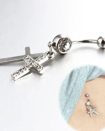 Free Shipping Navel jewelry Crystal belly ring  Navel Ring Button Bar Navel Double Cross Dangle Belly Button Navel Ring