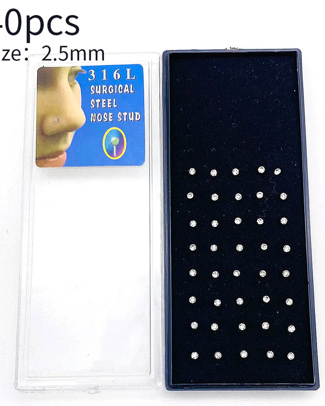 Nose Studs Stainless Steel Crystal Nose Ring Piercing Set For Women Gift With Box 24/40/60Pcs