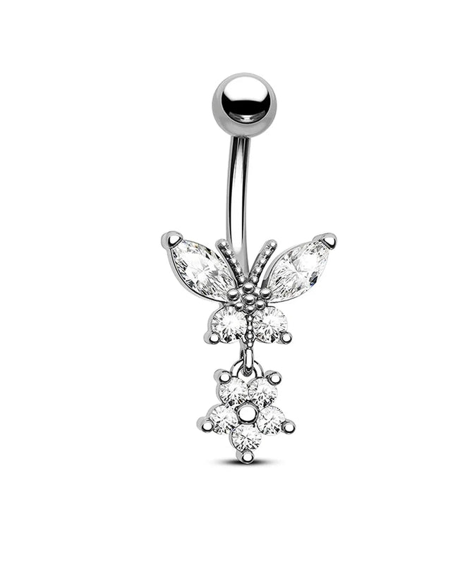 316L Stainless Steel Belly Button Ring Set Gold Color Butterfly Flower Heart Dangle Navel Piercing Jewelry for Women Fashion Bel