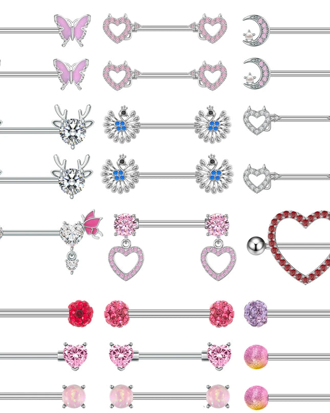 A Pair Cute Heart Dangled Nipple Piercings Barbell for Women Pink Color Moon Butterfly Shaped Sexy Nipple Rings Shield Bar Sets