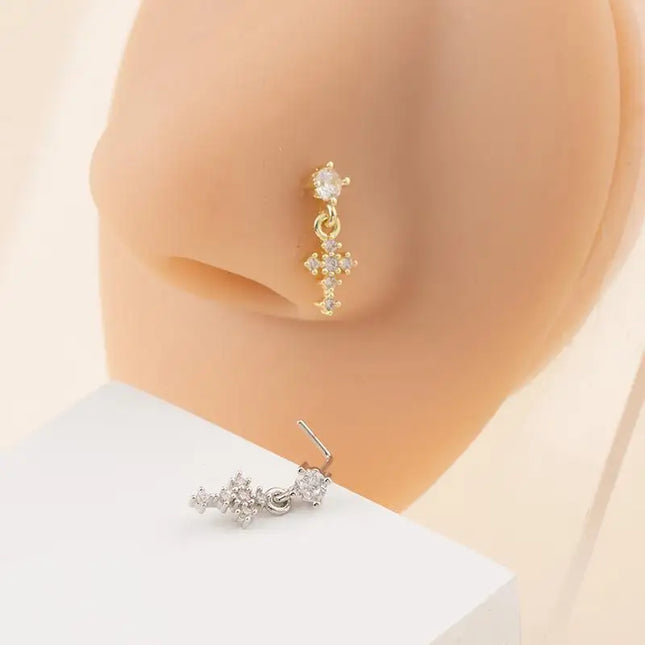 Dangle Nose Rings For Women Cross Zircon Nose Piercing Jewelry L Shape Nose Studs Body Jewelry Accessories