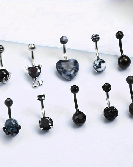 Black Belly Button Rings 10mm Surgical Steel 14G Belly Navel Rings Heart Zircon Crystal Turquoise Acrylic Belly Piercing Jewelry