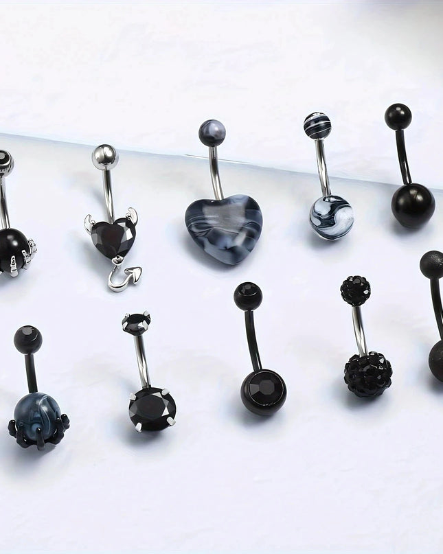 Black Belly Button Rings 10mm Surgical Steel 14G Belly Navel Rings Heart Zircon Crystal Turquoise Acrylic Belly Piercing Jewelry