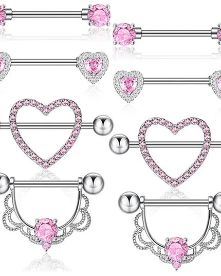 Pink Heart Nipple Piercing Barbell Set Shiny Crystal Nipple Rings Bulk For Women Flower Nippel Jewelry Pack Piercing Teton Lots