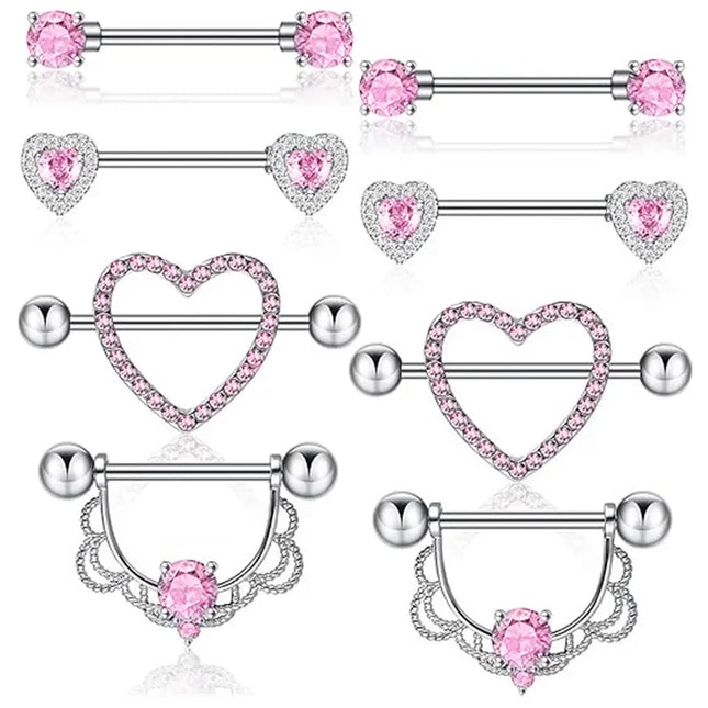 Pink Heart Nipple Piercing Barbell Set Shiny Crystal Nipple Rings Bulk For Women Flower Nippel Jewelry Pack Piercing Teton Lots
