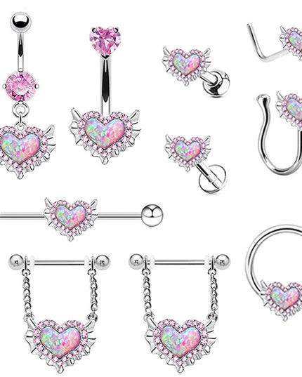 Pink Navel Belly Button Rings Women Opal Heart Nose Clip Lip Labret Piercing Helix Screw Earring Stud Cartilage Conch Piercing