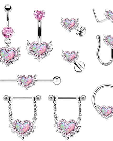 Pink Navel Belly Button Rings Women Opal Heart Nose Clip Lip Labret Piercing Helix Screw Earring Stud Cartilage Conch Piercing