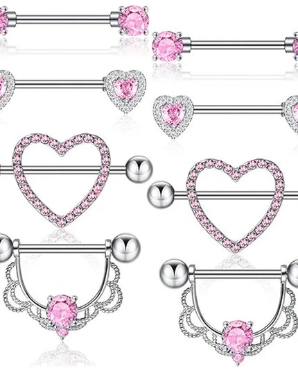Pink Heart Nipple Piercing Barbell Set Shiny Crystal Nipple Rings Bulk For Women Flower Nippel Jewelry Pack Piercing Teton Lots