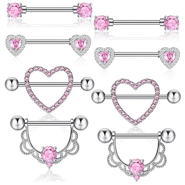 Pink Heart Nipple Piercing Barbell Set Shiny Crystal Nipple Rings Bulk For Women Flower Nippel Jewelry Pack Piercing Teton Lots