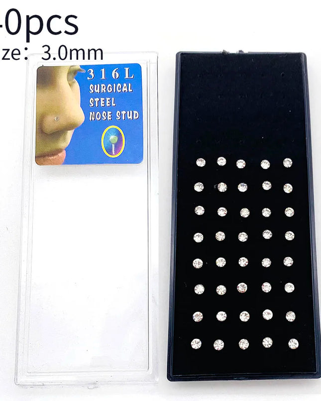 Nose Studs Stainless Steel Crystal Nose Ring Piercing Set For Women Gift With Box 24/40/60Pcs