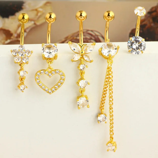 Dangle Belly Button Rings, 14G 316L Stainless Surgical Steel Cubic Zirconia Butterfly Heart Navel Ring Piercing Jewelry Barbells