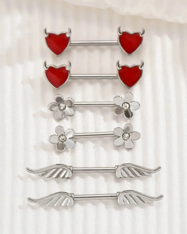 2pcs Angel Wings Nipple Piercing 14G Flower Heart Daemon Oxhead Shield Bar Barbell Nipple Ring Nombril Breast Cover Jewelry