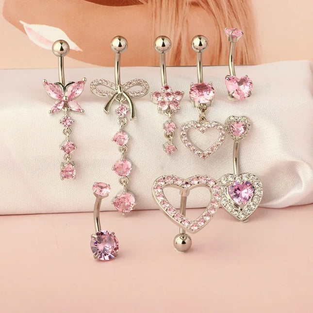 Belly Button Dangle Belly Rings Surgical Stainless Steel Cute Bow Butterfly Heart Flower Belly Button Piercing Jewelry For Women