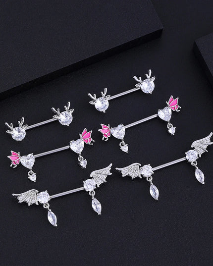 A Pair Cute Heart Dangled Nipple Piercings Barbell for Women Pink Color Moon Butterfly Shaped Sexy Nipple Rings Shield Bar Sets