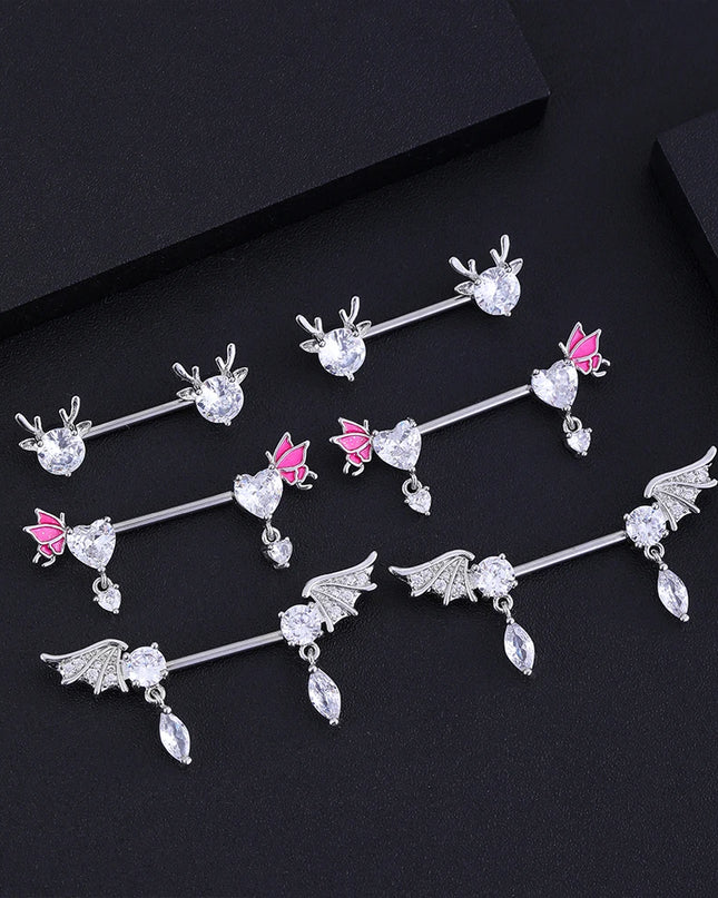 A Pair Cute Heart Dangled Nipple Piercings Barbell for Women Pink Color Moon Butterfly Shaped Sexy Nipple Rings Shield Bar Sets