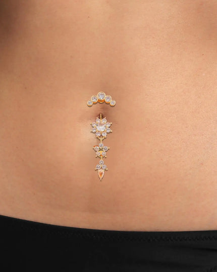 Golden Belly Button Rings 316L Surgical Steel Drop Dangle Navel Ring Flower Zircon Crystal Navel Belly Piercing Fashion Jewelry