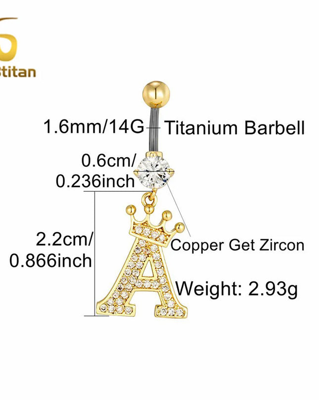 A-Z 26 Letter Initial Belly Button Rings 14G Titanium Curved Barbell Golden Zircon Navel Piercing Body Jewelry Women Accessories