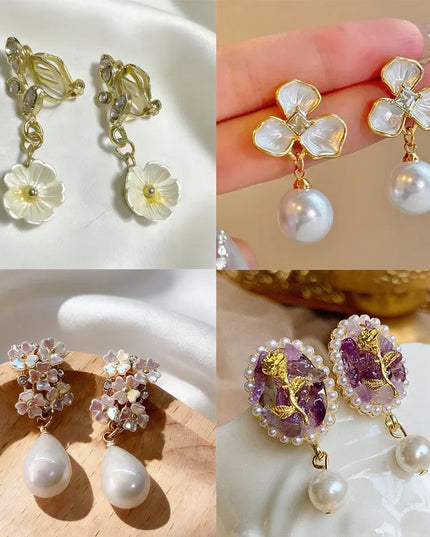 No Piercing Ear Clips Women - Retro French White Petal Flower Teardrop Pearl Clip on Earrings Elegant Gentle Daily Party Jewelry