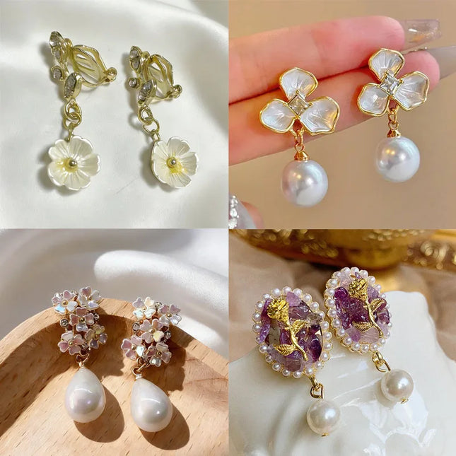 No Piercing Ear Clips Women - Retro French White Petal Flower Teardrop Pearl Clip on Earrings Elegant Gentle Daily Party Jewelry