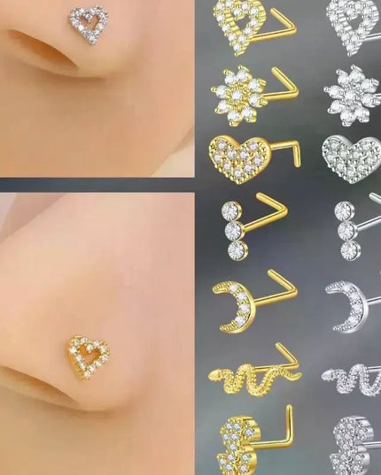 L Shaped Nose Studs Rings Cute Heart Moon Shiny Zircon Gold Silver Color Nose Piercing For Women Girl Nostril Jewelry