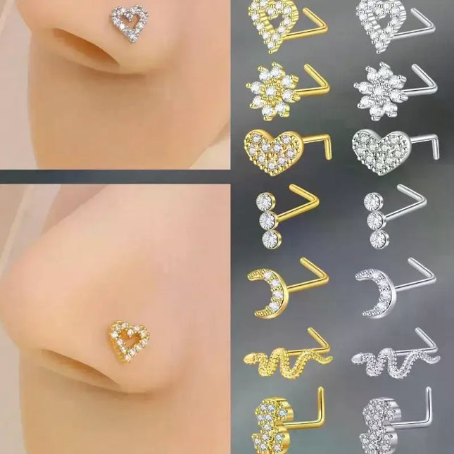 L Shaped Nose Studs Rings Cute Heart Moon Shiny Zircon Gold Silver Color Nose Piercing For Women Girl Nostril Jewelry