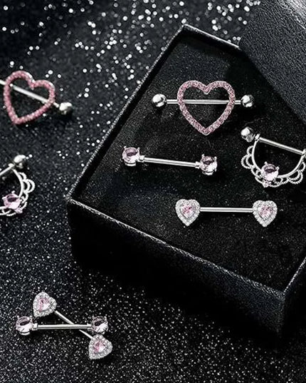 Pink Heart Nipple Piercing Barbell Set Shiny Crystal Nipple Rings Bulk For Women Flower Nippel Jewelry Pack Piercing Teton Lots