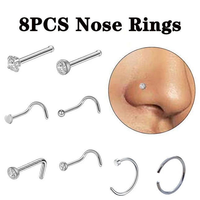 8PCS Nose Rings For Women Men Hypoallergenic 304 Surgical Stainless Steel L Shape Nose Screw