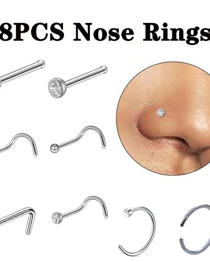 8PCS Nose Rings For Women Men Hypoallergenic 304 Surgical Stainless Steel L Shape Nose Screw
