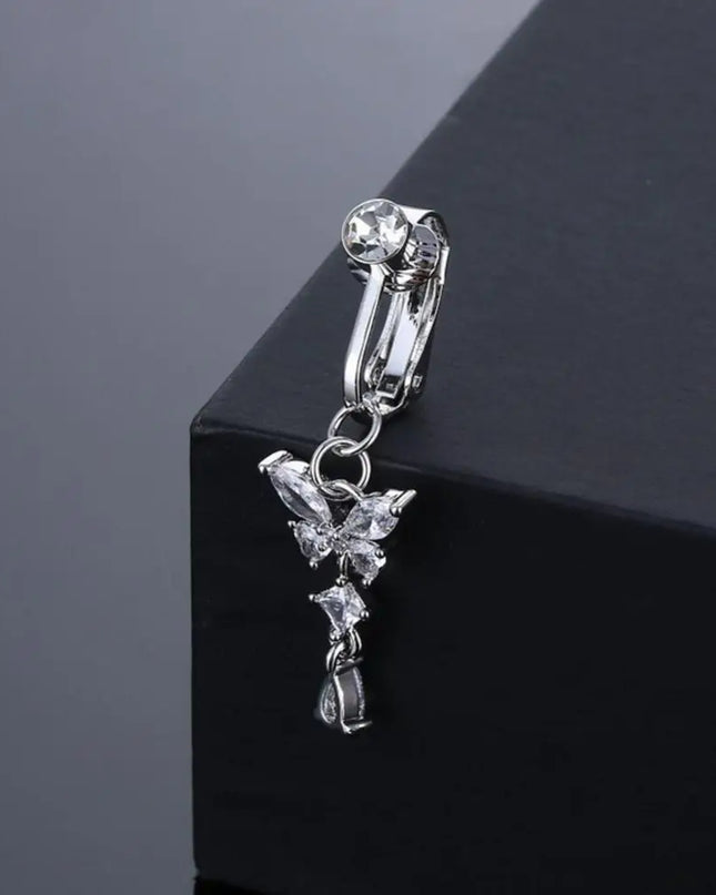 Butterfly Design Clip On Belly Button Zircon Stainless Steel Fake Belly Ring Non Piercing Faux Belly Piercing Fashion Accessory