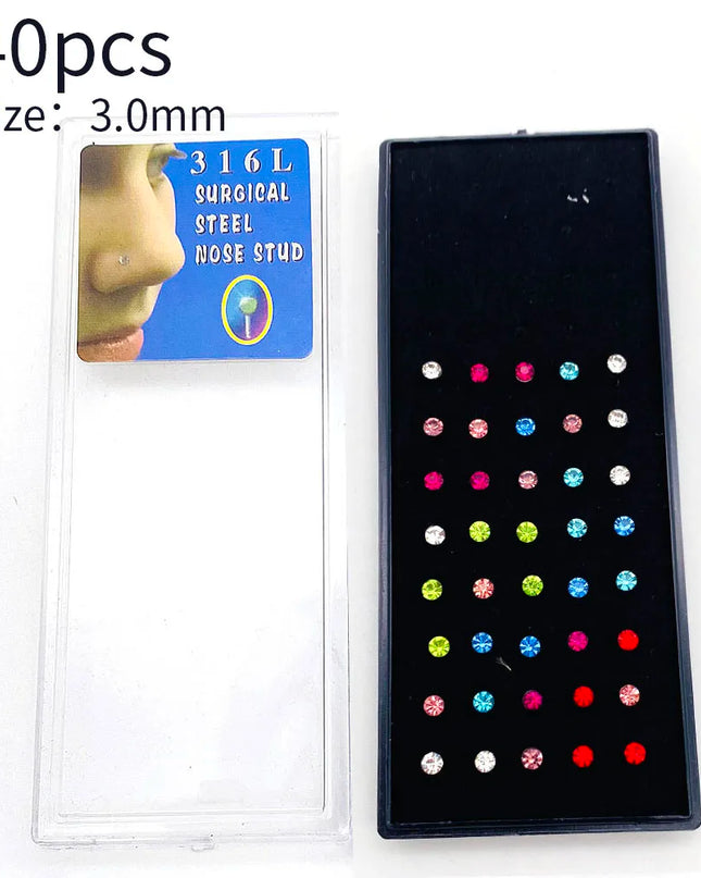 Nose Studs Stainless Steel Crystal Nose Ring Piercing Set For Women Gift With Box 24/40/60Pcs