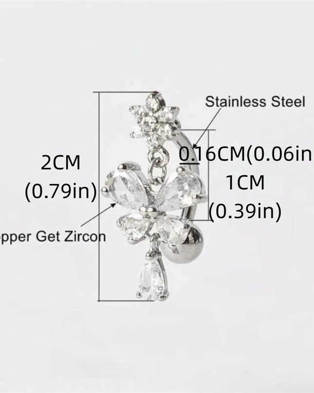 Zircon Bow Belly Button Rings Flower Head Butterfly Design Dangle Belly Rings 316 Stainless Steel Cute Reversed Navel Rings