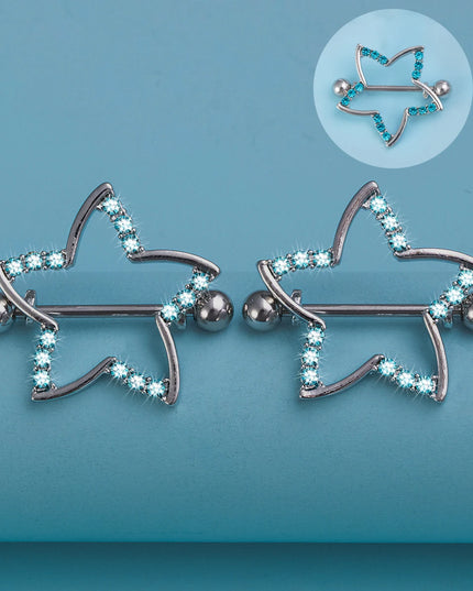 2pcs Nipple Ring Barbell Rhinestone Paved Star Shape Nipplerings Piercing Stainless Steel 14G Nipple Rings Shields Body Piercing