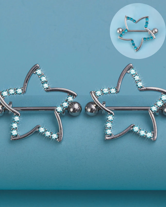 2pcs Nipple Ring Barbell Rhinestone Paved Star Shape Nipplerings Piercing Stainless Steel 14G Nipple Rings Shields Body Piercing