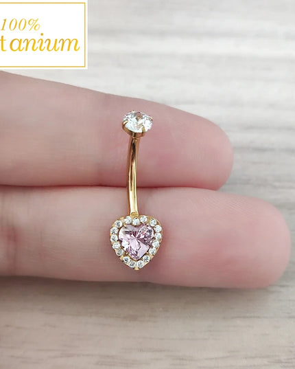F136 Titanium Zircon Heart Dangle Belly Button Rings 14G CZ Paved Top Threaded Curved Barbell Women Sexy Navel Piercing Jewelry