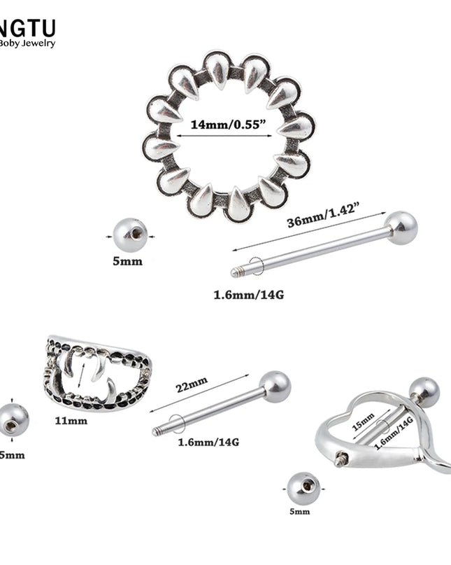 2PCS Surgical Steel Nipple Rings Piercing Jewelry Heart Women Sexy Hiphop Nail Clips Nipple Clamps Pierced Body Jewelry Gift