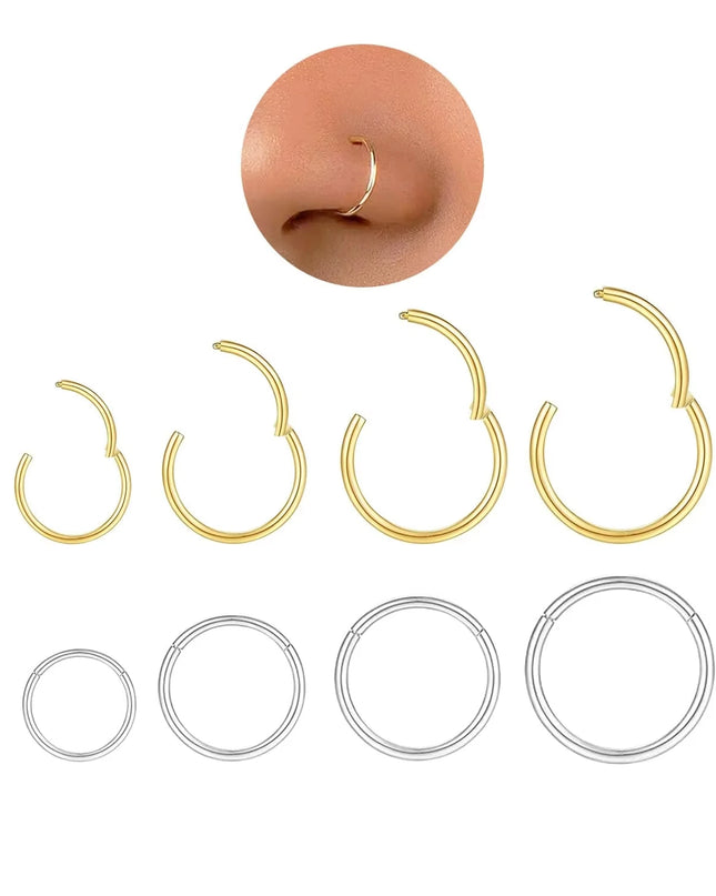 18G gold nose ring for men and women, hinged clicker septum ring for nose/cartilage/body piercing jewelry, 6mm/8mm/10mm/12mm