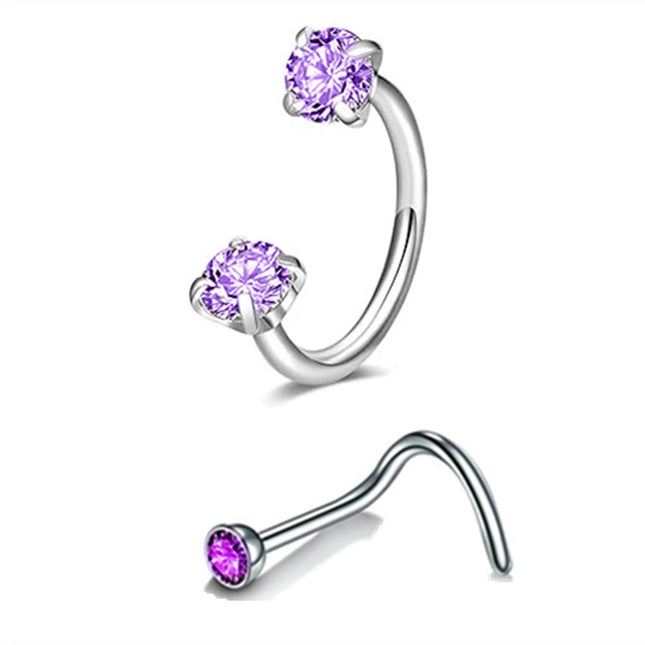 6/2pcs Horseshoe Nose Rings With L-Shape Nose Stud, Stainless Steel Rianbow CZ Nose Ring,, Lip Eyebrow Helix Ear Piercing
