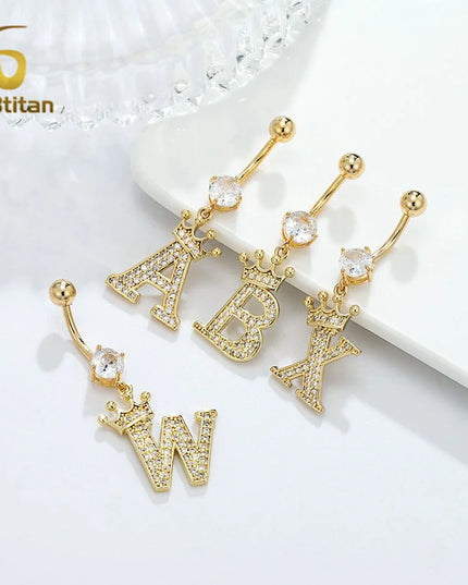 A-Z 26 Letter Initial Belly Button Rings 14G Titanium Curved Barbell Golden Zircon Navel Piercing Body Jewelry Women Accessories