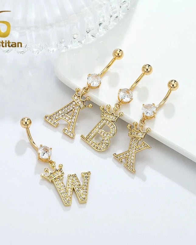 A-Z 26 Letter Initial Belly Button Rings 14G Titanium Curved Barbell Golden Zircon Navel Piercing Body Jewelry Women Accessories