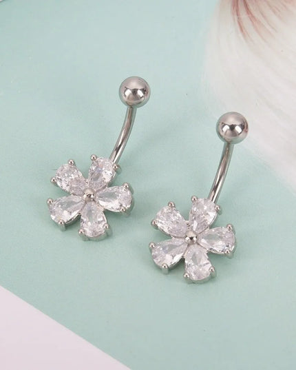 Beach Simple Belly Button Rings Stainless Steel Flower Navel Ring Crystal Zircon Body Piercing Jewelry For Women